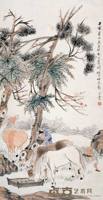 倪田 1902年作 饲马图 立轴 126×65cm